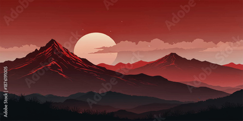 Dramatic red mountain peak with high-contrast blue shadows under an orange sky; minimalist volcanic landscape vector.