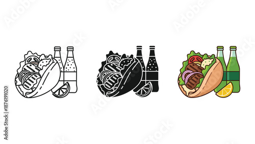 Three Tacos with Bottles of Soda food drink