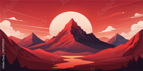 Surreal Martian landscape at sunset with bold red mountain ranges; powerful cinematic nature background for creative design.