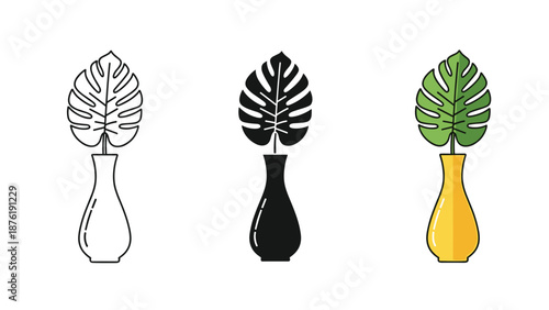 Three Vases with Monstera Leaves in Different Colors