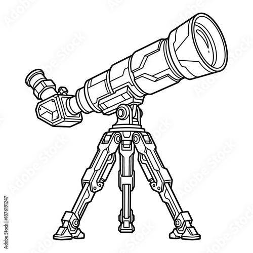 Detailed line art illustration of a futuristic telescope mounted on a tripod stand isolated on white