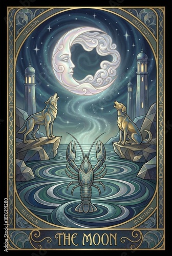 Wallpaper Mural Mystical Moon Illusion with Wolves and Lobster in Dreamy Waterscape Torontodigital.ca