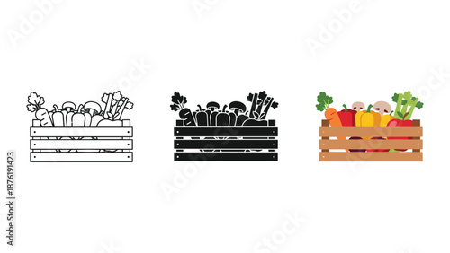 Three Wooden Crates Filled with Various Vegetables and Fruits