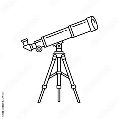 A simple line drawing depicts a classic telescope mounted on a wooden tripod for observation