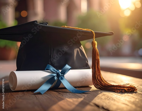 Mortarboard and diploma on a wooden table, warm light and bokeh