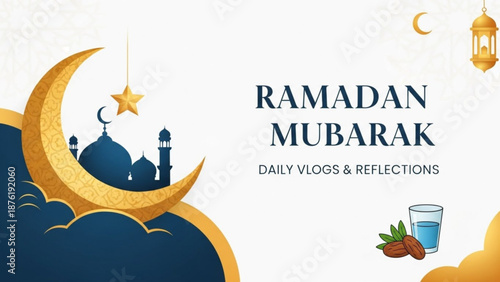 Ramadan Mubarak crescent moon and mosque illustration Islamic holiday greeting card for daily vlogs and reflections with dates and water