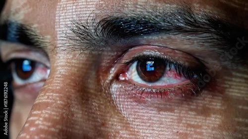 Close up of a person's eye blinking experiencing strain and fatigue with digital visual disturbance, 4K