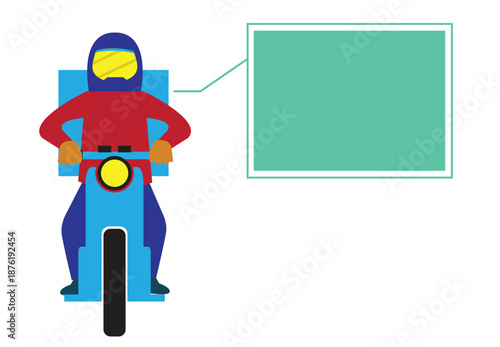 Mobile food delivery or courier  concept. Motorcycle driver with a Callout bubble for communication concept. Editable Clip Art.