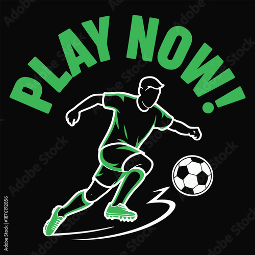 Green soccer player kicking ball with play now text