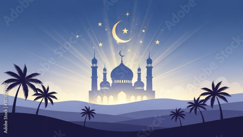 Islamic mosque silhouette at sunset with crescent moon and stars desert landscape with palm trees Ramadan and Eid celebration concept