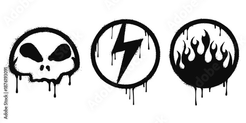 Collection of Spray painted graffiti skull head, fire flame and flash thunder in black over white. isolated on white background. vector illustration