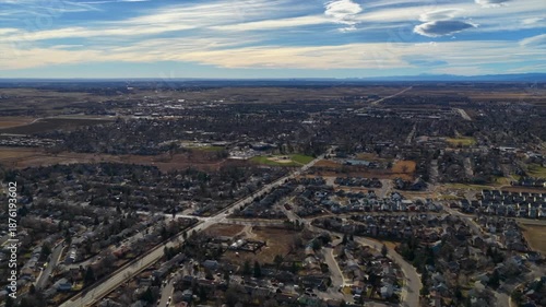 Wallpaper Mural Lafayette Rec Center Cemetery Boulder County Erie Colorado aerial drone December winter morning Front Range foothills neighborhood homes sunny vast blue sky forward upwards motion Torontodigital.ca