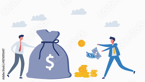 A group of businessmen carry gold coins from a huge purse 