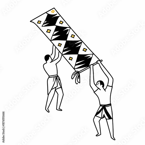 Kite festival cultural traditional pattern illustration joyfully show two people holding large decorative kite pattern together