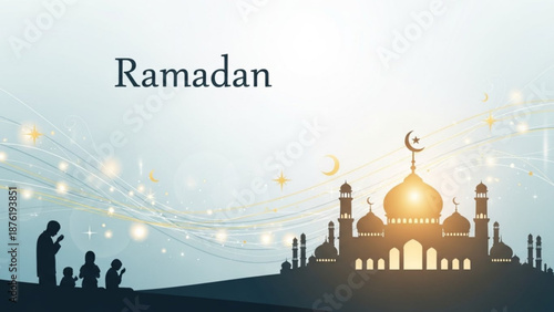 Ramadan mosque silhouette with people praying Islamic crescent moon and glowing lights spiritual celebration background