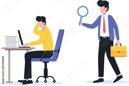 Micromanaging boss, toxic manager monitoring every details, excessive supervision and control of employee work and processes, micromanager boss using magnifying glass keep looking at employee working.