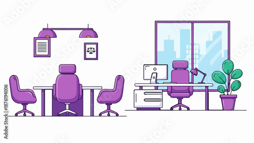 Purple office with desk, chairs, computer, plant, and city view