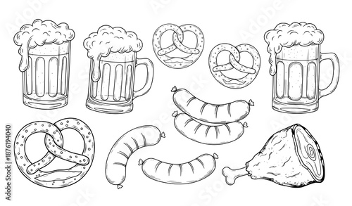Hand drawn Oktoberfest elements beer sausage pretzel vector