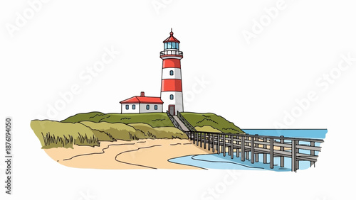 Red and white striped lighthouse on a grassy hill overlooking a sandy beach and wooden pier