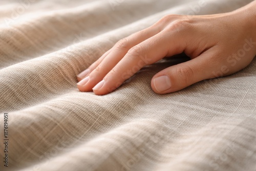 Human hand gently touching beige fabric surface with soft wrinkles, representing tactile material concept for lifestyle, wellness, and textile use
