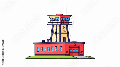 Red and yellow cartoon control tower with adjacent building