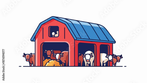 Red barn with blue roof and cows inside, some standing by hay