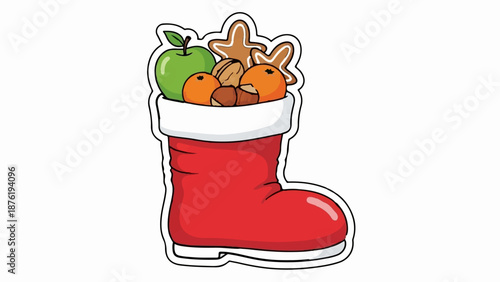 Red boot overflowing with festive goodies apple, tangerines, nuts, and star cookies