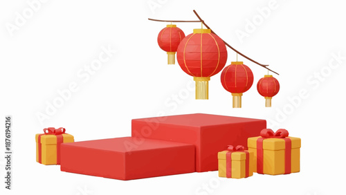 Red display podium with gifts and lanterns hanging from a branch