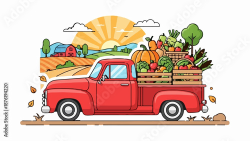 Red farm truck overflowing with fresh, colorful produce under a vibrant sunrise