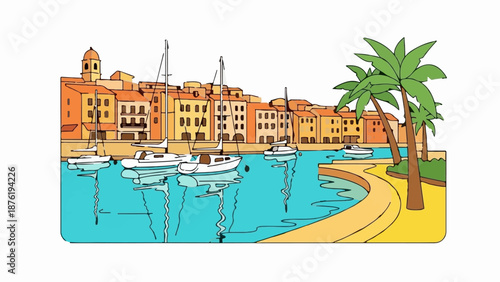 Seaside town with sailboats docked in a vibrant blue harbor, framed by palm trees