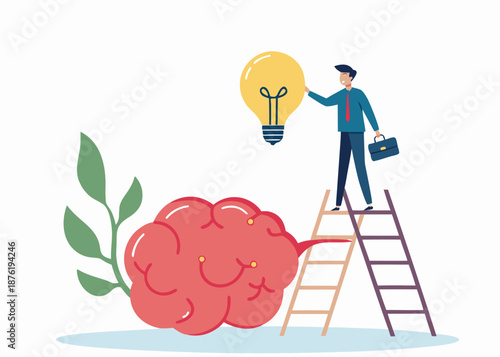 growing brain, growth mindset brain from education or training and experience, knowledge investment concept, happy businessman watering plants growing on human brain using watering can illustration 