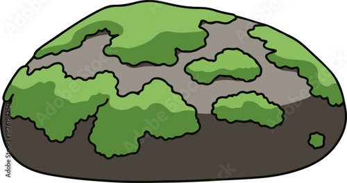 Rounded stone covered in patchy green moss and grey earth