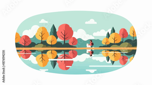 Serene autumn scene of a person and dog by a reflective lake