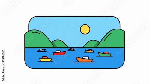 Serene bay with colorful boats, green hills, and a bright sun