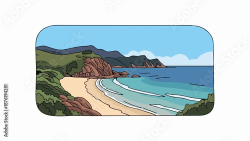 Serene beach with rolling hills, turquoise water, and sandy shore