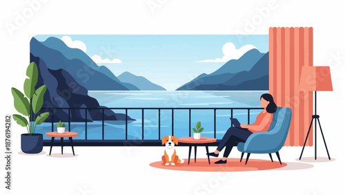Serene balcony scene with a woman reading on a tablet next to her dog, overlooking mountains and water