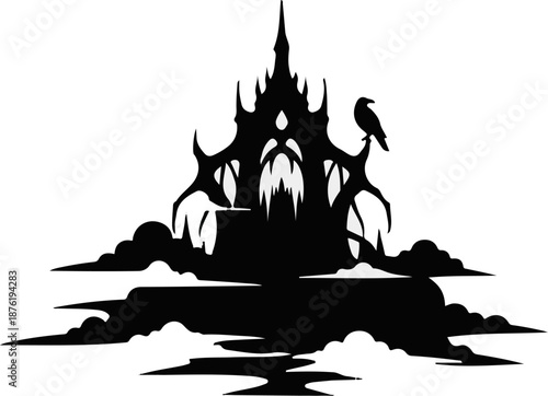 Silhouette of a spooky castle with a bird perched on a branch