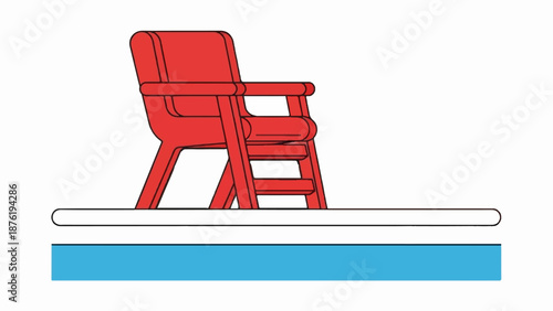 Red lifeguard chair on pool deck overlooking blue water