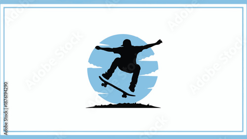 Silhouette of a skateboarder performing a trick against a blue sky