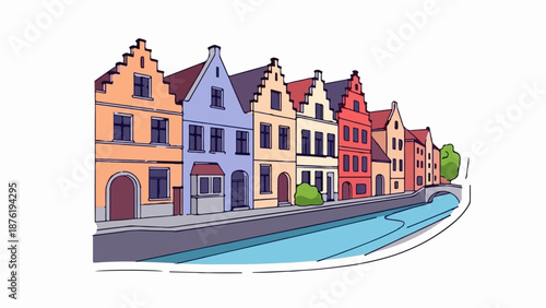 Row of colorful, historic buildings lining a calm canal with a small bridge