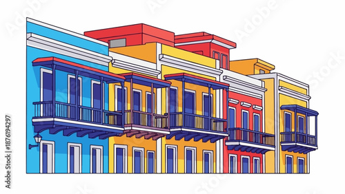 Row of colorful buildings with balconies and arched doorways