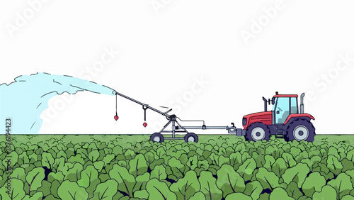 Red tractor waters green crop field with sprinkler system