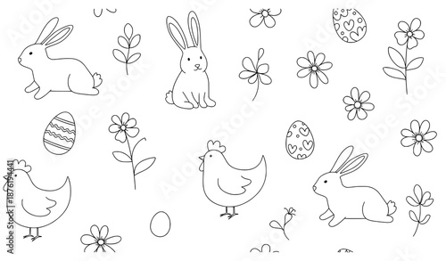 Pastel doodle Easter seamless pattern rabbits chickens eggs