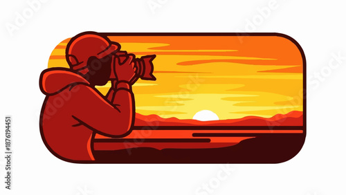 Silhouette of person in hooded jacket and hat taking photograph of sunset over landscape