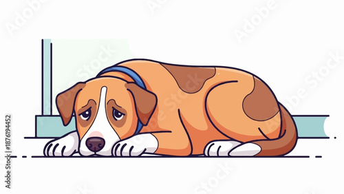 Sad dog with brown and white fur, wearing a blue collar, rests head on paws
