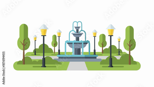 Serene park scene with a tiered fountain and lampposts amidst trees and green foliage