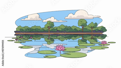 Serene pond with lily pads and flowers, reflected trees, and clouds above