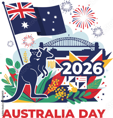 Australia day 2026 celebration with flag, sydney harbour bridge, kangaroo, koala, and fireworks illustration
