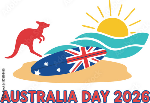Australia day 2026 celebration with kangaroo, surfboard featuring australian flag, sun, and waves