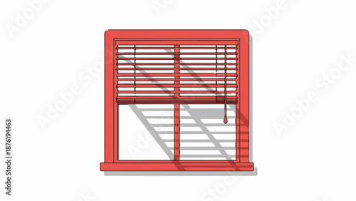 Red window with Venetian blinds casting striped shadows on a white background